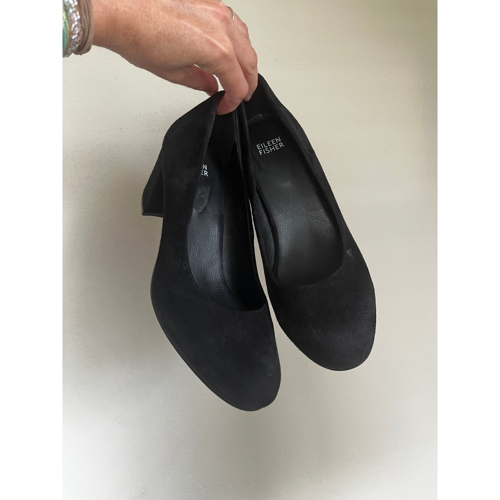 Eileen Fisher Black Suede Pumps 7.5 Block Heel Minimalist Office Chic Timeless